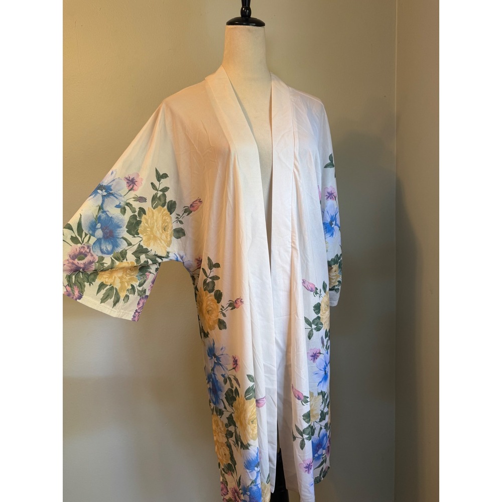 Ember Floral Kimono Cardigan multi Blue Yellow Duster Open Front M boho cottage